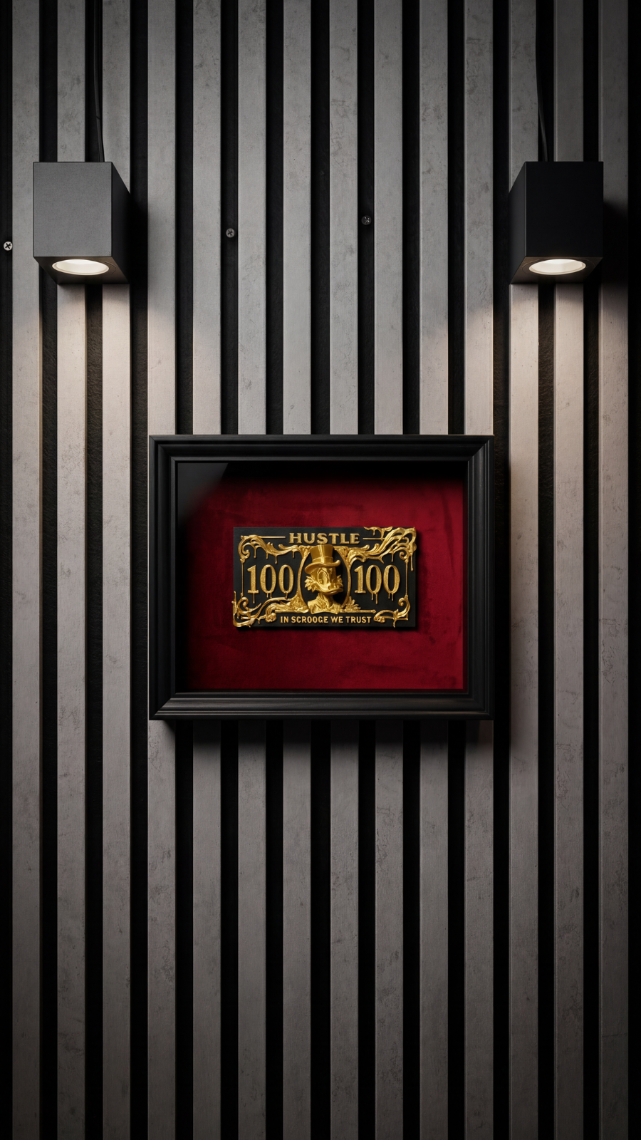 Scrooge Money Art Shadowbox "In Scrooge We Trust" – 3D Dagobert Duck Wandbild Gold & Schwarz – Luxus Büro Deko mit Samt Hintergrund – DEQORA