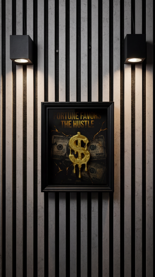 Fortune Favors the Hustle 3D Shadowbox – Money Art Wandbild – Goldener Dollar Hustle Grind Deko – DEQORA