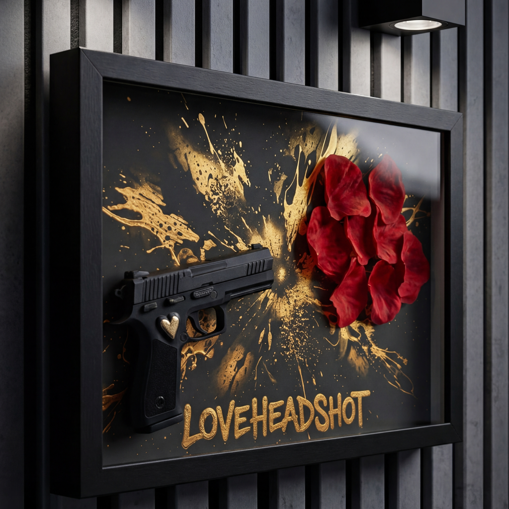 LOVEHEADSHOT 3D Shadowbox Gun Art – Exklusives Wandbild mit 3D-Druck Pistole & Rosen – Modernes Gold & Schwarz Dekor – Pop Art Design DEQORA