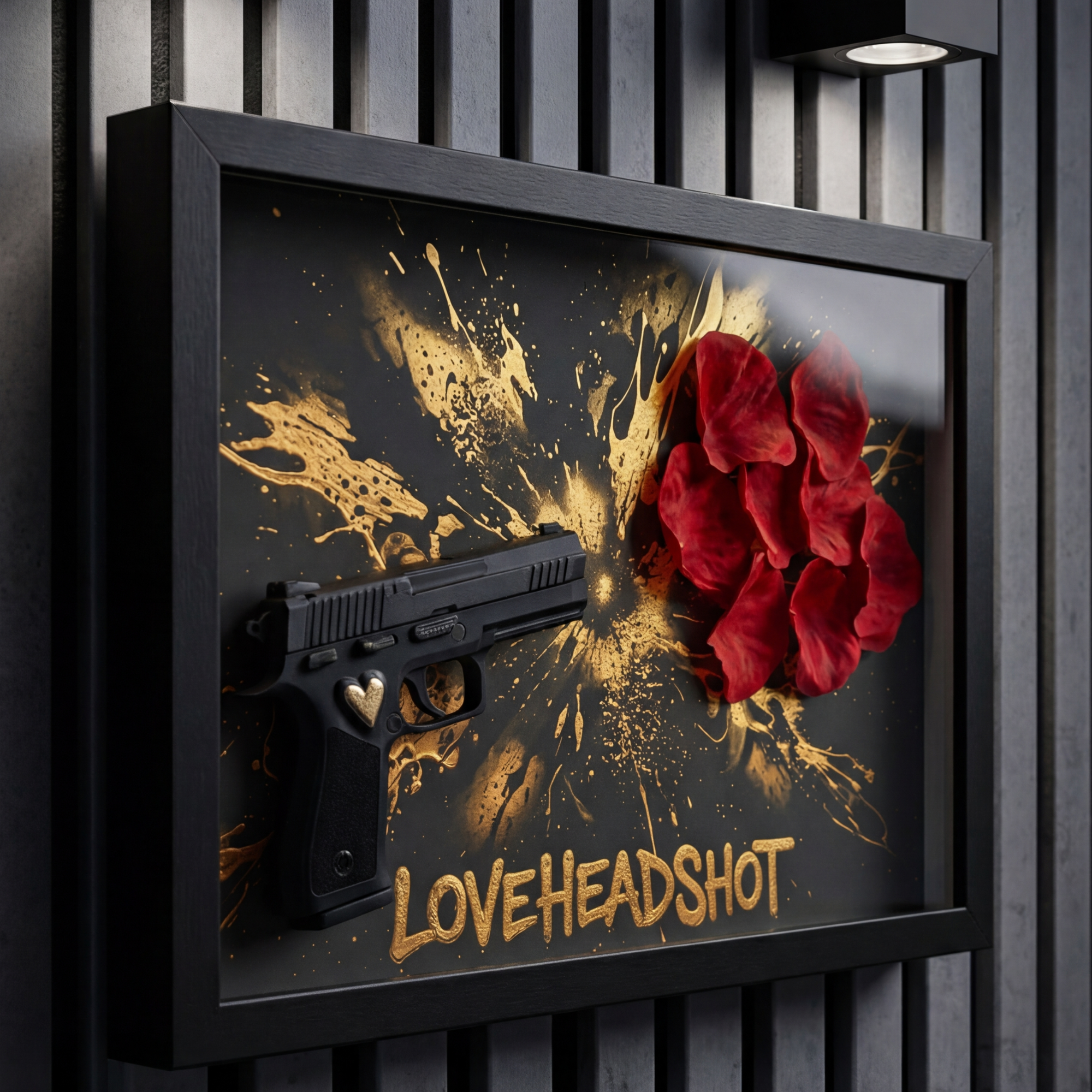 LOVEHEADSHOT 3D Shadowbox Gun Art – Exklusives Wandbild mit 3D-Druck Pistole & Rosen – Modernes Gold & Schwarz Dekor – Pop Art Design DEQORA