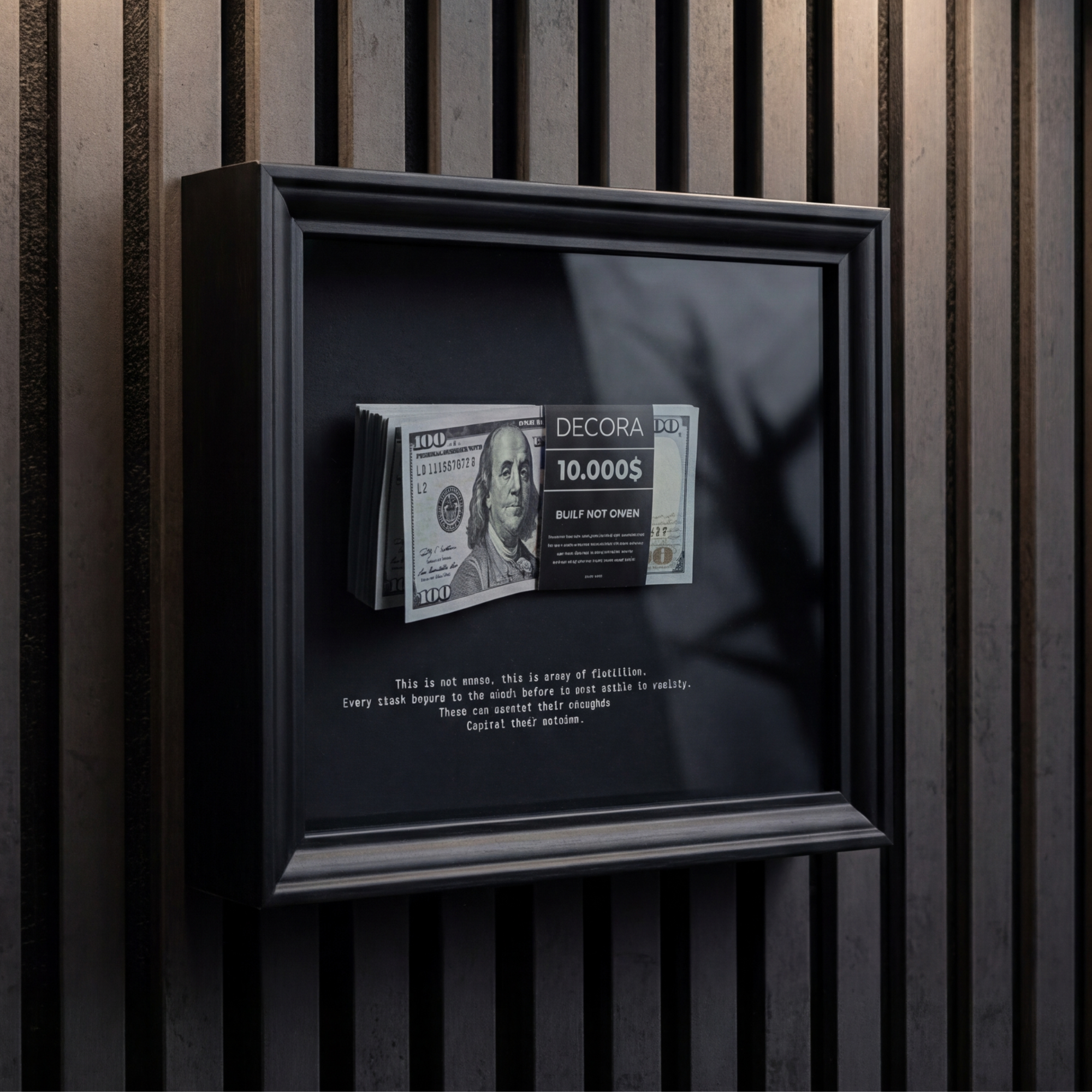 Shadowbox Money Art "Built Not Given" – Motivationsbild mit 100-Dollar-Schein Stapel 3D – Business Wanddekor für Büro & Home Office – Art