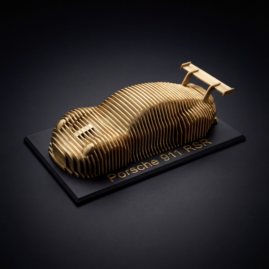 Layered Car Sculpture – Hommage an 911 RSR Motorsport Design – 3D Druck Auto Kunst Gold & Schwarz Minimalistisches Deko Objekt Maßstab 1:36