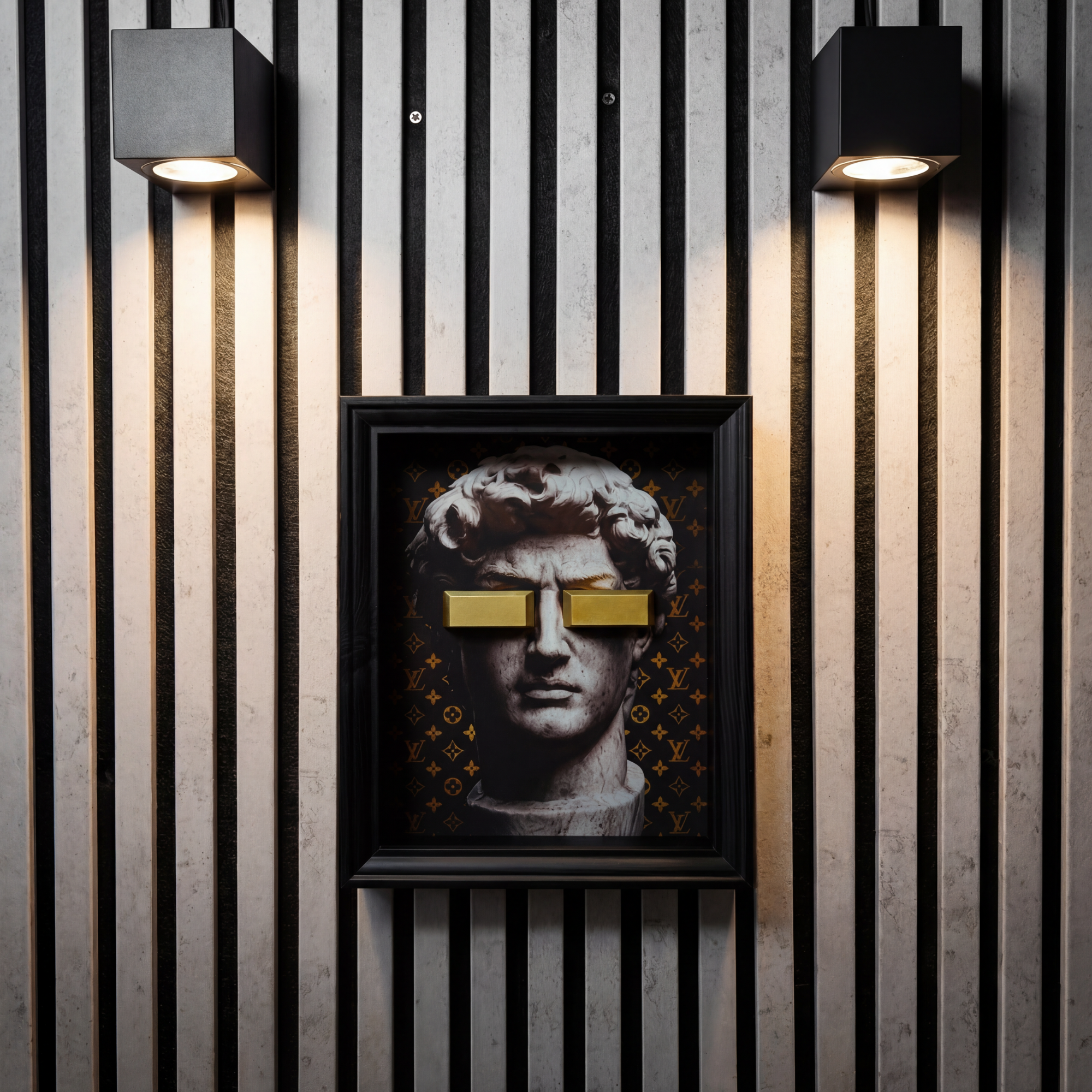 David V. Skulptur 3D Shadowbox – Modern Pop Art Wandbild Gold & Schwarz – Luxus Interior Design – DEQORA
