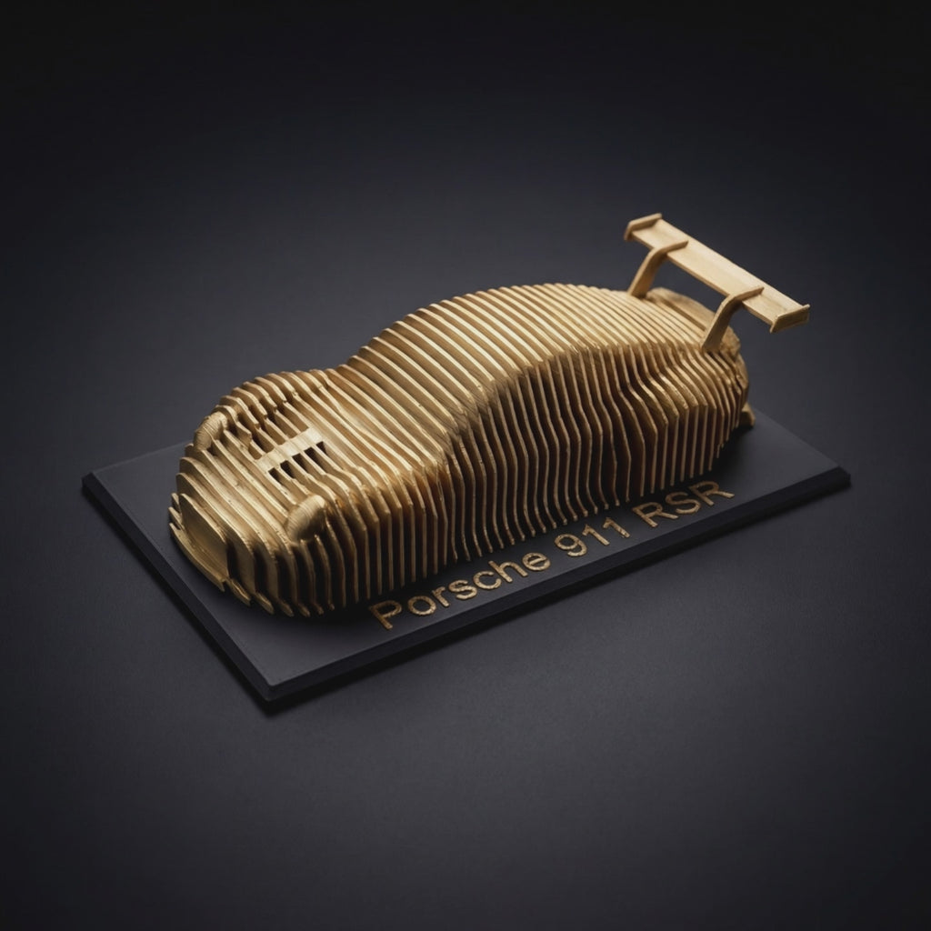 Layered Car Sculpture – Hommage an 911 RSR Motorsport Design – 3D Druck Auto Kunst Gold & Schwarz Minimalistisches Deko Objekt Maßstab 1:36