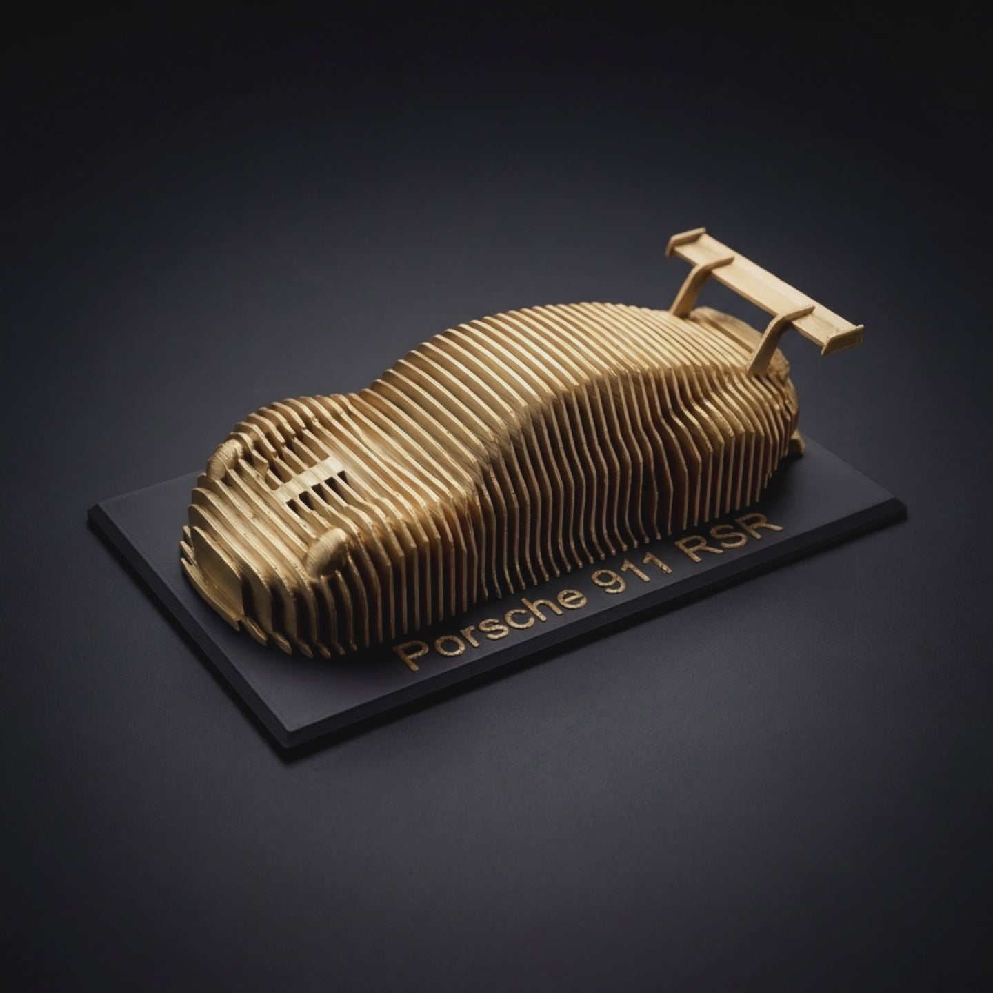 Layered Car Sculpture – Hommage an 911 RSR Motorsport Design – 3D Druck Auto Kunst Gold & Schwarz Minimalistisches Deko Objekt Maßstab 1:36